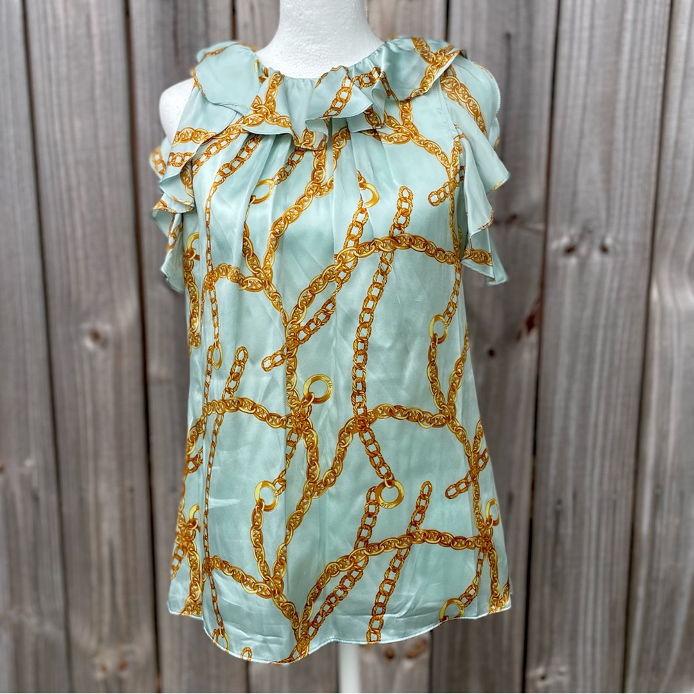 Milly New York Silk Teal Chain Print Top Size 2